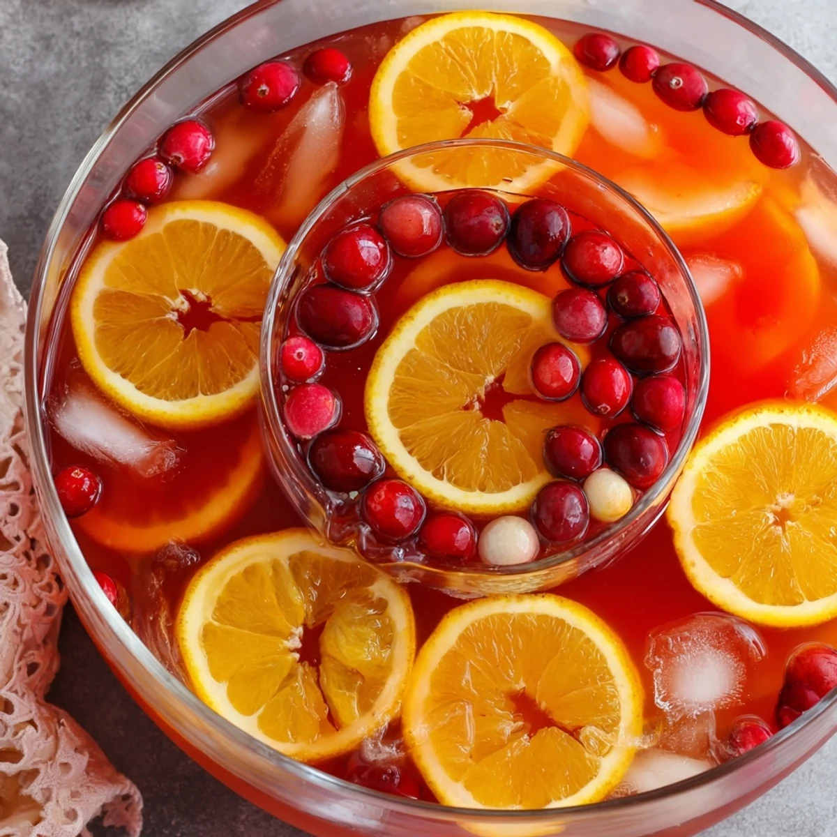 Refreshing Quick Holiday Punch, with a vibrant ice ring melting in a large punch bowl.