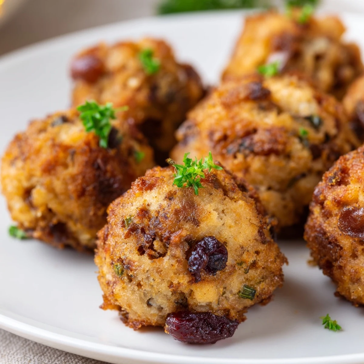 Steaming-hot, herb-filled Quick Christmas Stuffing Balls, perfect beside a roast chicken dinner.