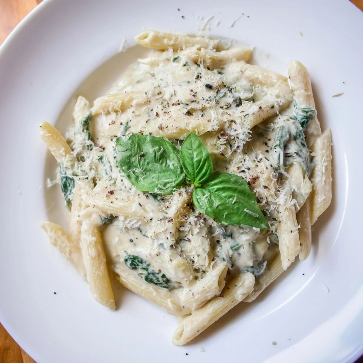 Steaming bowl of cottage cheese creamy spinach pasta, garnished with fresh Parmesan cheese.