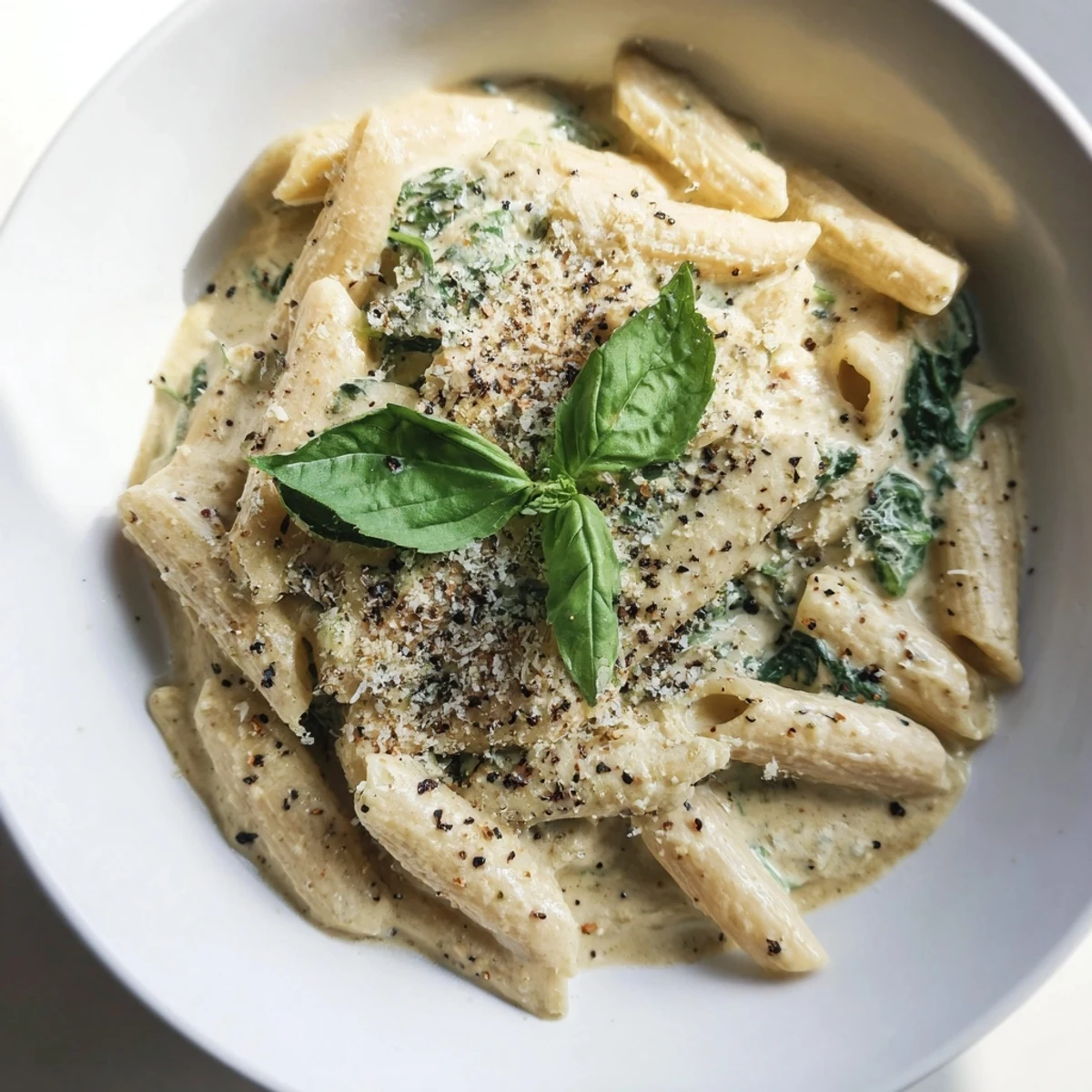 Homemade cottage cheese creamy spinach pasta, a delightful vegetarian meal, ready to enjoy immediately.