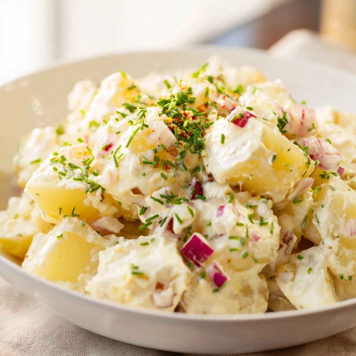 A close-up of this delicious chopped egg and potato salad, showing fresh herbs and creamy texture.