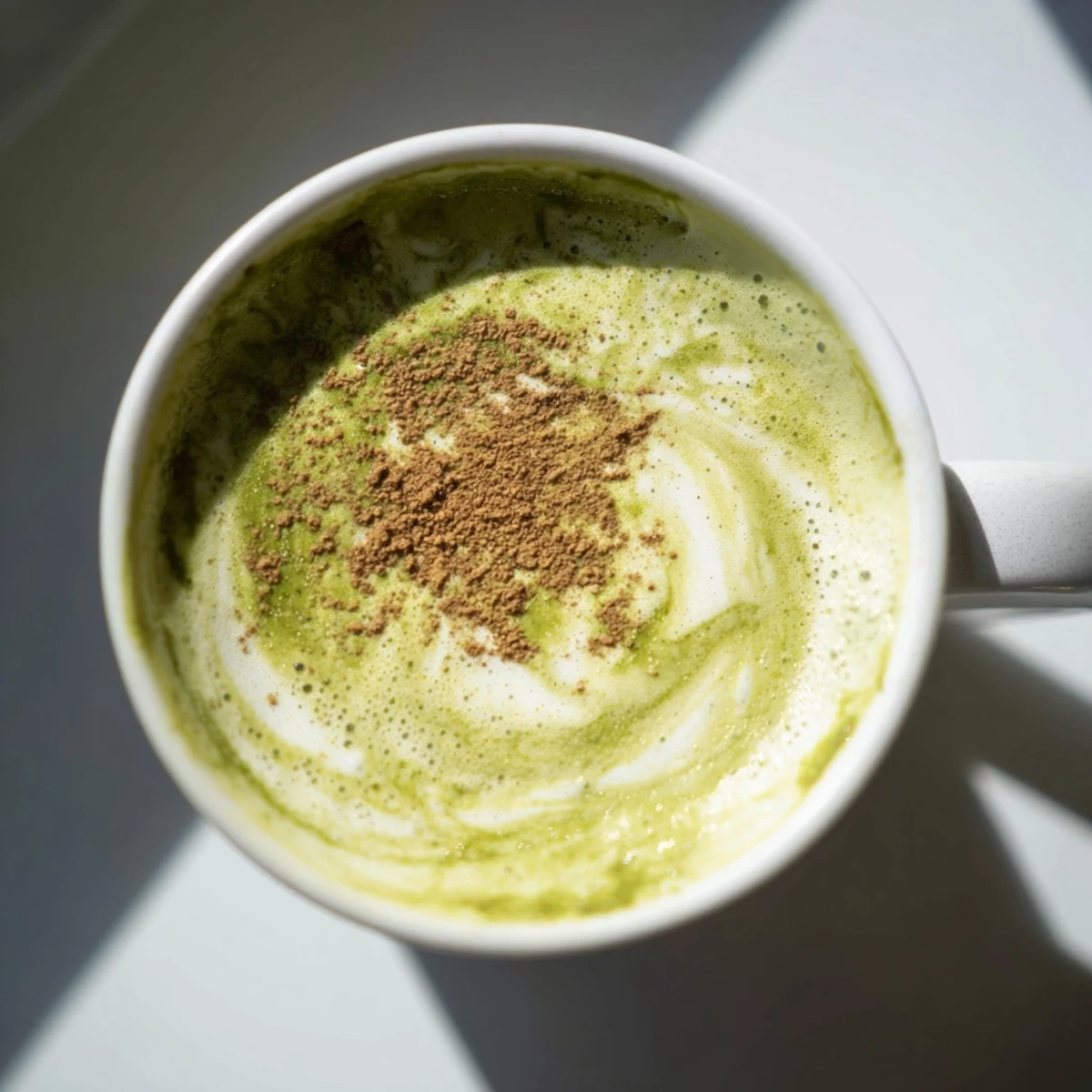 Steaming Cinnamon Maple Oat Milk Matcha Latte with frothy matcha, ideal for a morning treat.