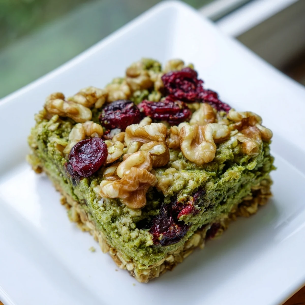 Warm, freshly-baked Matcha Cranberry Oat Crumble Breakfast Bars with a delightful, crumbly oat topping.