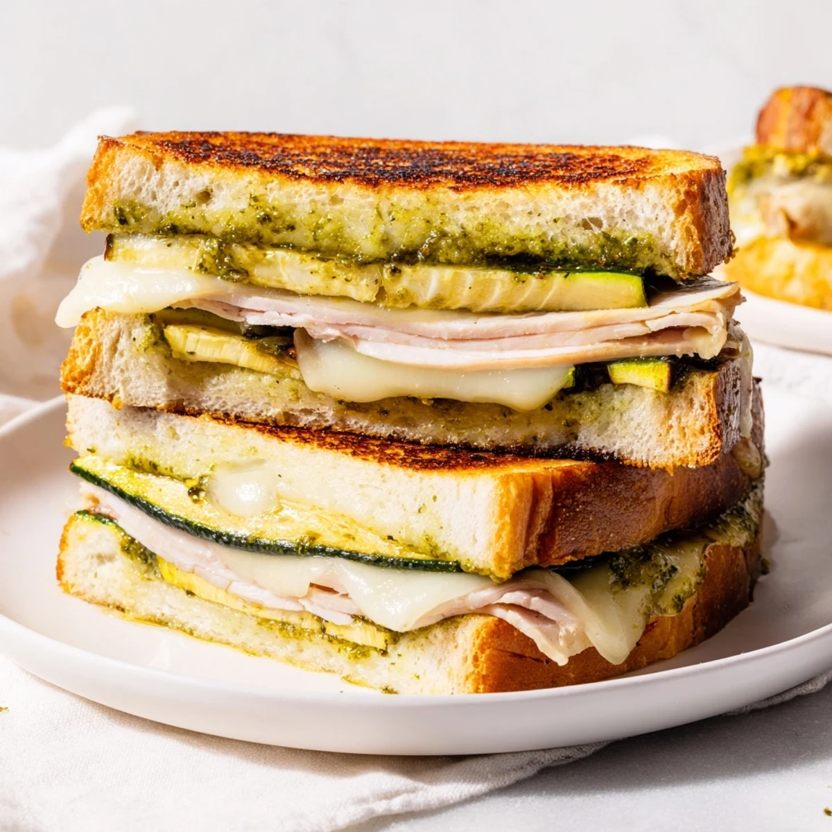Golden, melted Pesto Turkey Zucchini Grilled Cheese Stacks, a delicious, cheesy, and healthy sandwich.