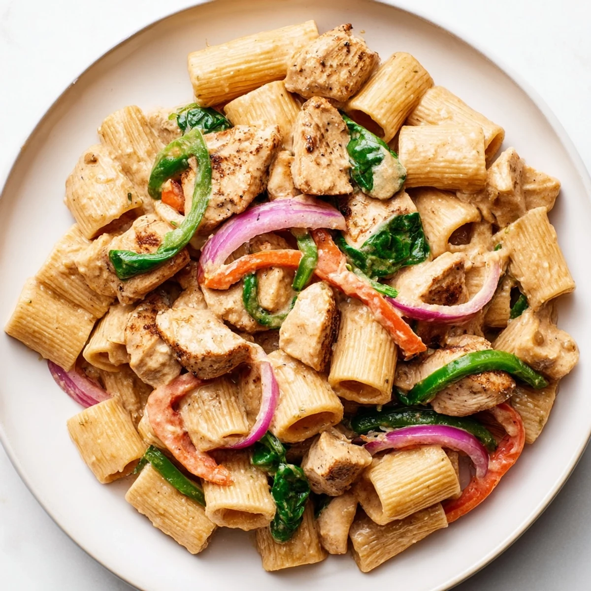 Creamy Cajun Dirty Snow Chicken Pasta, a delicious bowl depicting tender chicken and vibrant peppers.