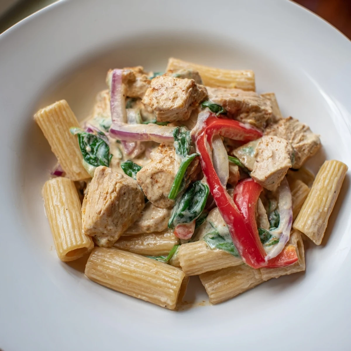 Whole-wheat penne with creamy Cajun Dirty Snow Chicken Pasta, steaming hot and ready to serve.