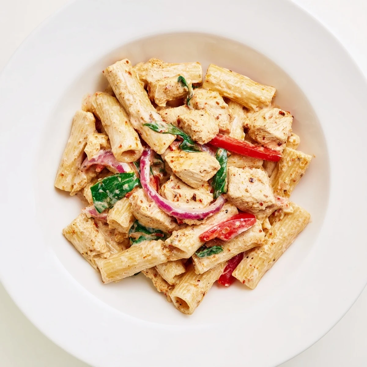 Colorful vegetables mingle with the chicken in this fantastic Creamy Cajun Dirty Snow Chicken Pasta dish.