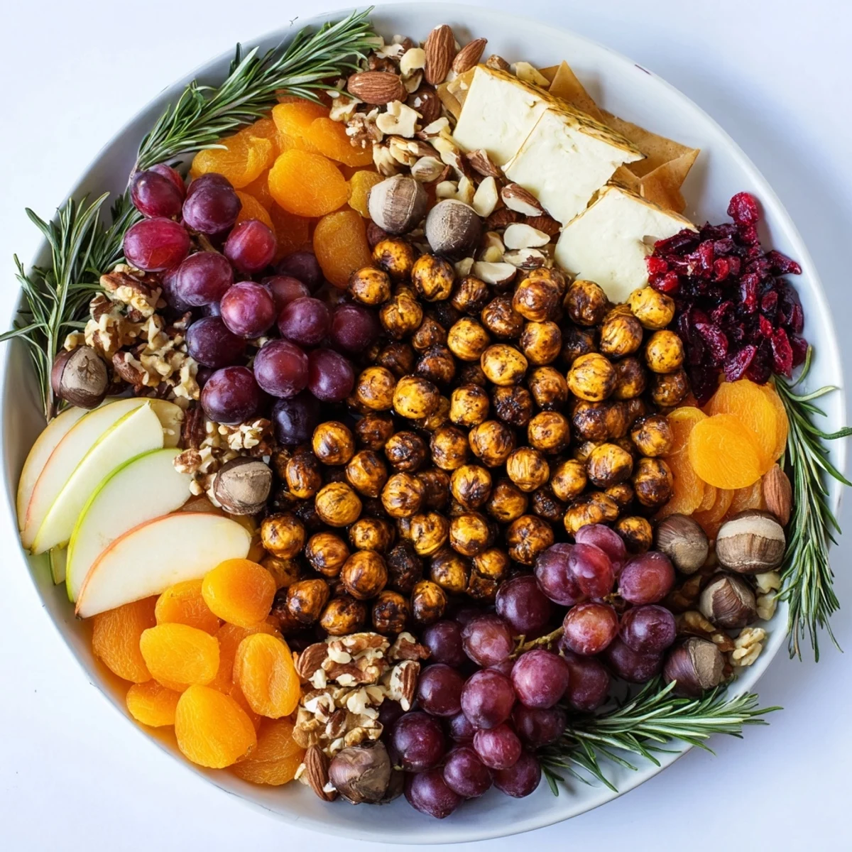 A visually appealing Squirrels Acorn Hoard Platter with a variety of textures: smooth cheese, crunchy nuts, and sweet dried fruits.