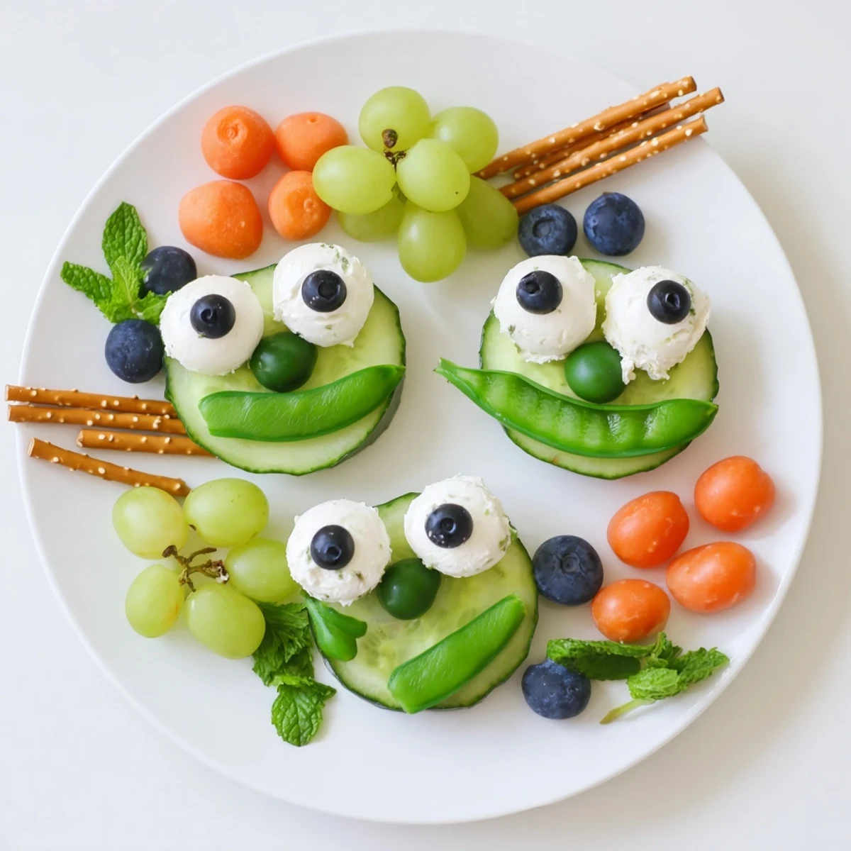 Vibrant Frog Pond Snack Tray: a kid-friendly appetizer with cucumber, mozzarella frogs surrounded by fruit.