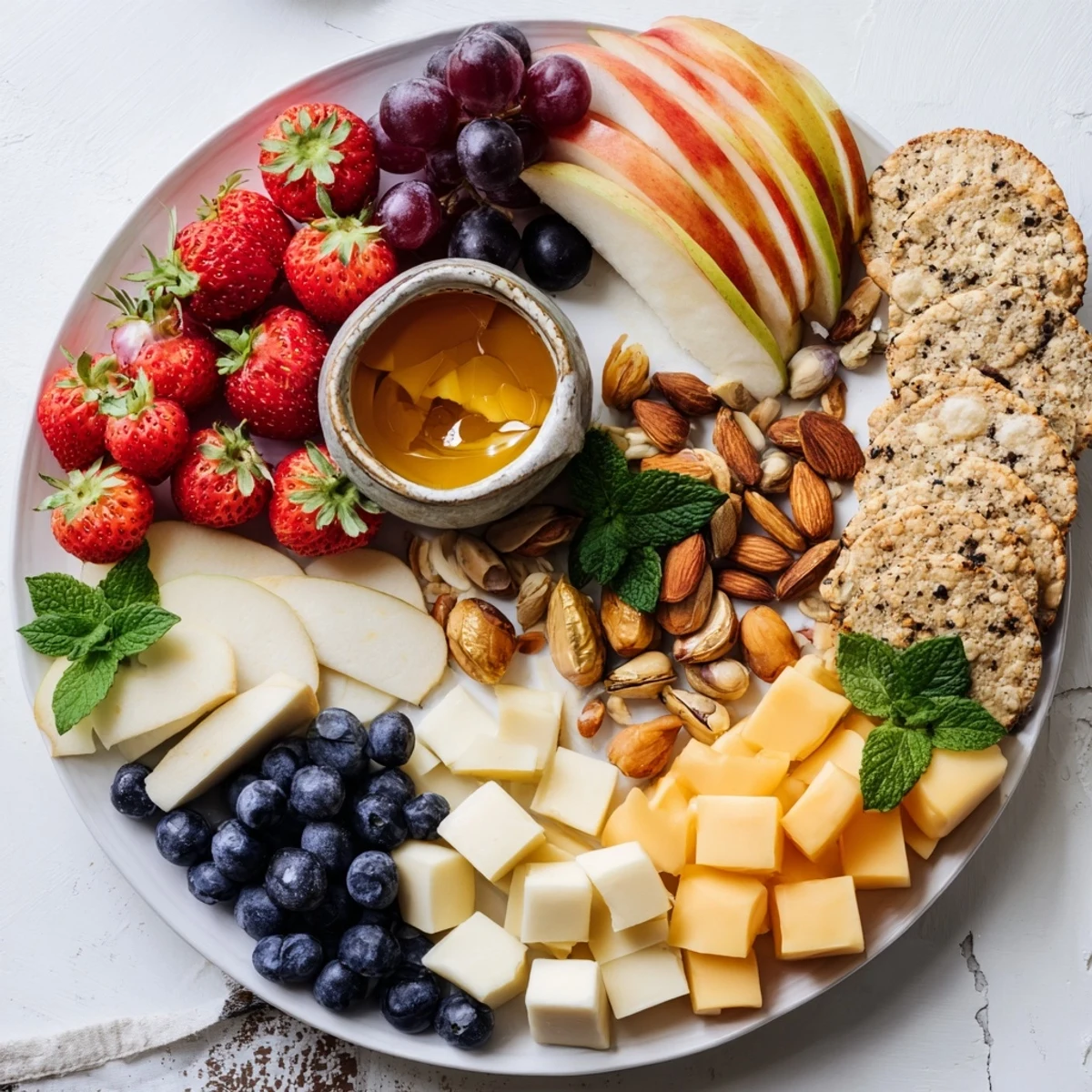 Bears Honey Pot Board offers a delightful array of colorful fruits, cheeses, and crackers for dipping in honey.