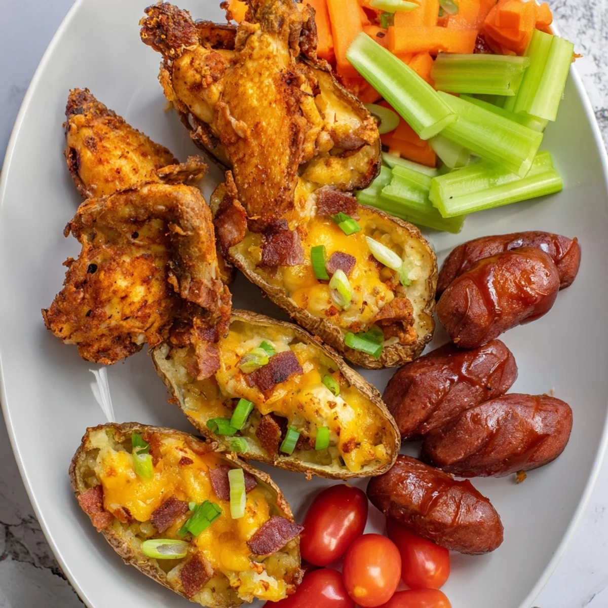 A generous touchdown football tailgate spread overflows with crispy wings, potato skins, and dips.
