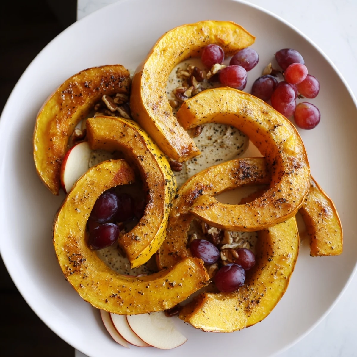 Vibrant Squirrels Acorn Hoard Platter overflowing with acorn squash wedges, grapes, and a delicious nutty dip.