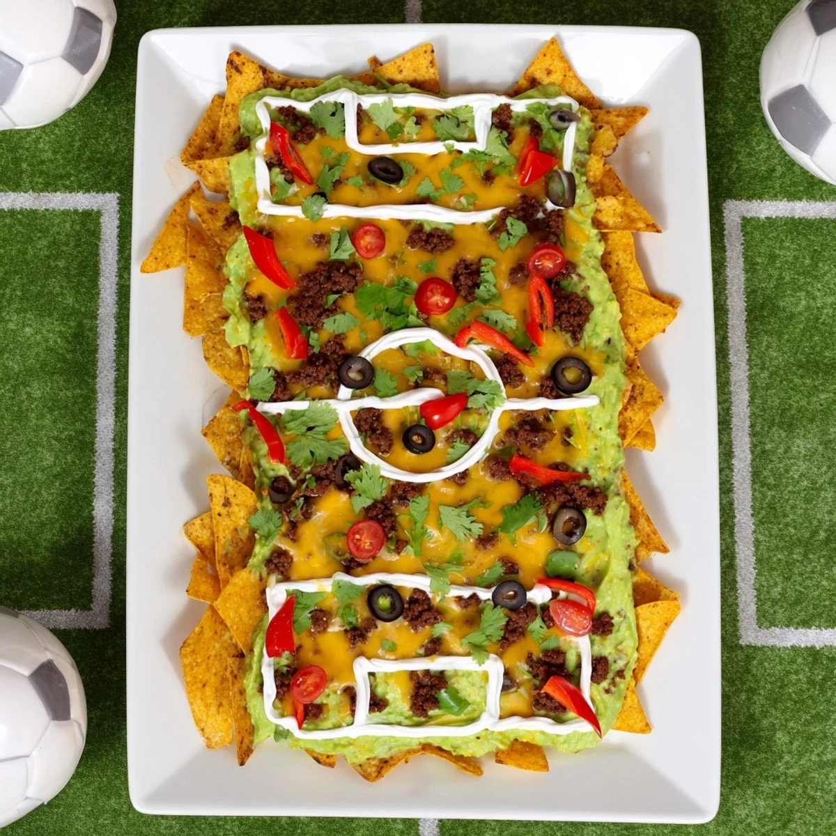 Warm, cheesy soccer field nacho platter with a delicious mix of seasoned beef, melted cheese, and festive toppings.