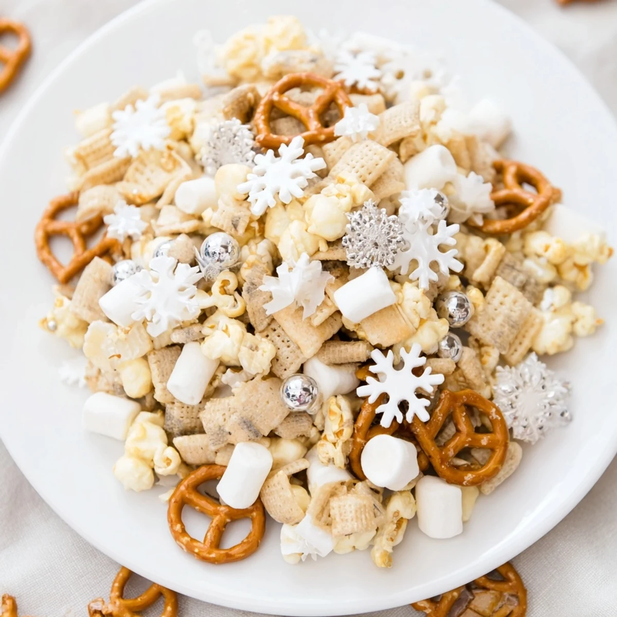Golden, glistening Ski Season Snowflake Snack Mix featuring winter-themed sprinkles and white chocolate coating.