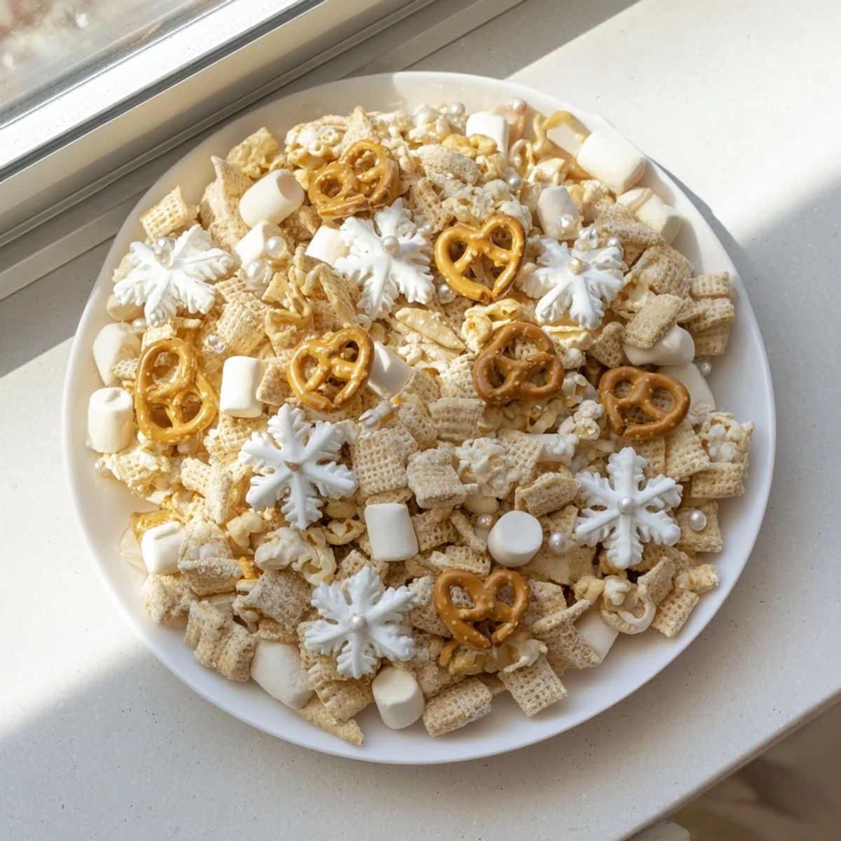 Close-up of a delightful Ski Season Snowflake Snack Mix, a crunchy, festive snack ready to enjoy.