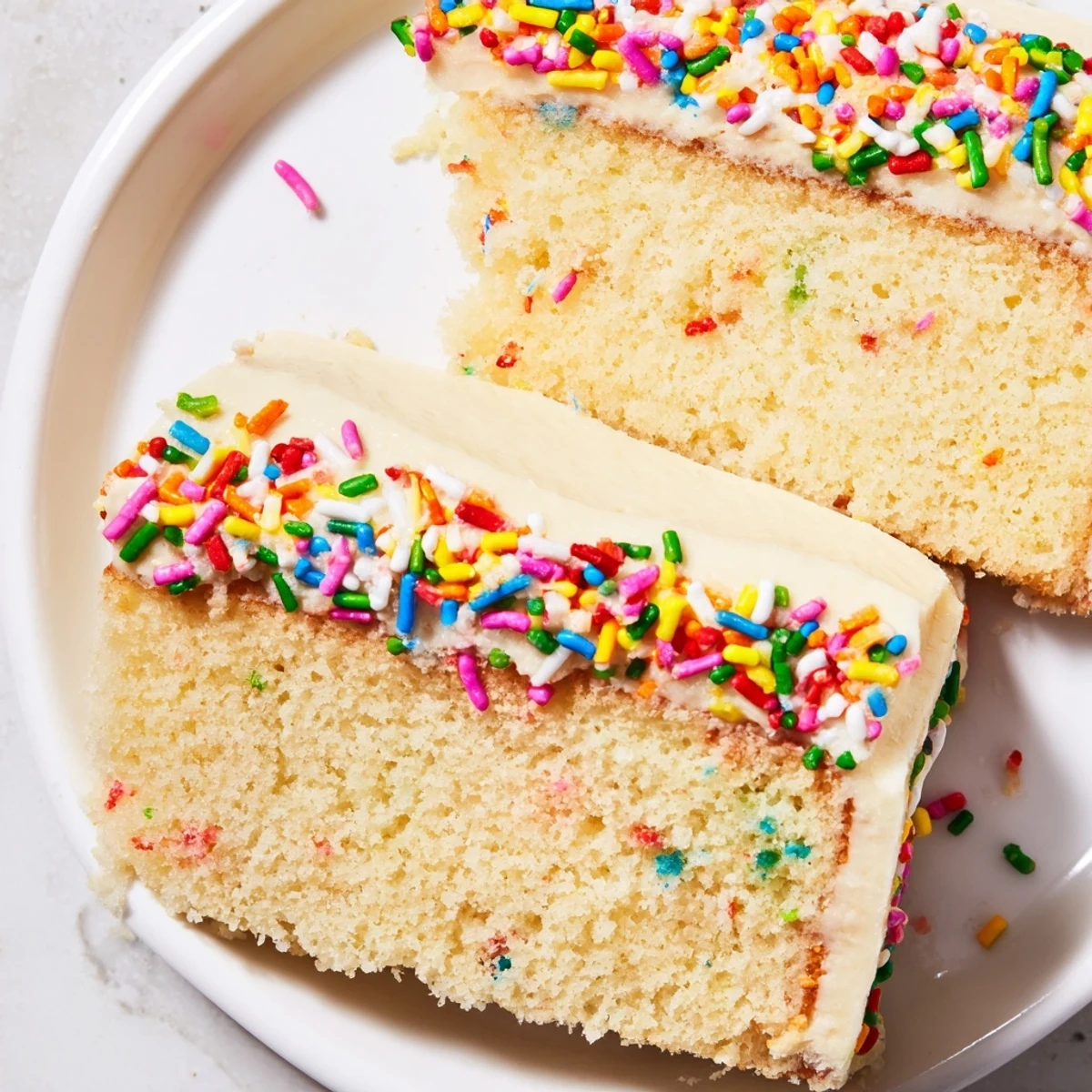 Moist Happy Birthday Cake slice, a vanilla marvel, boasts buttercream frosting and a cascade of rainbow sprinkles.