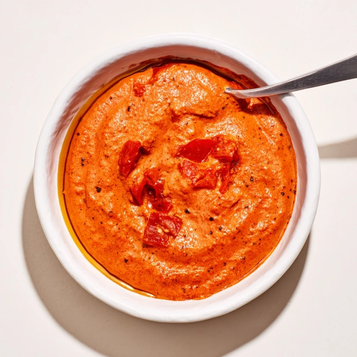 Vibrant red Volcanic Lava Spicy Dip with a swirl, ready to be scooped up with chips.