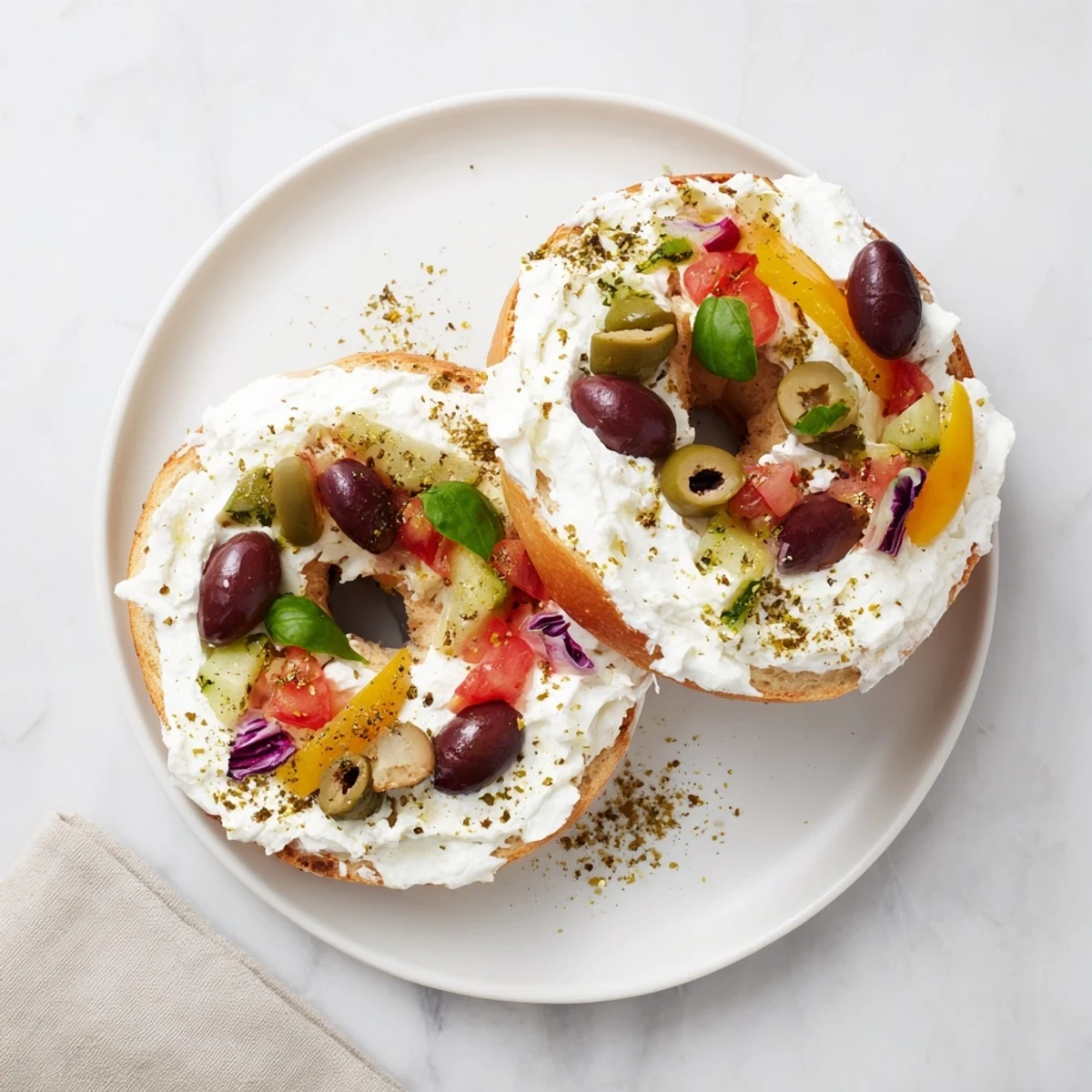 Close-up of the delicious Olympic Rings Medal Appetizer: cream cheese toppings arranged on bagel rings.