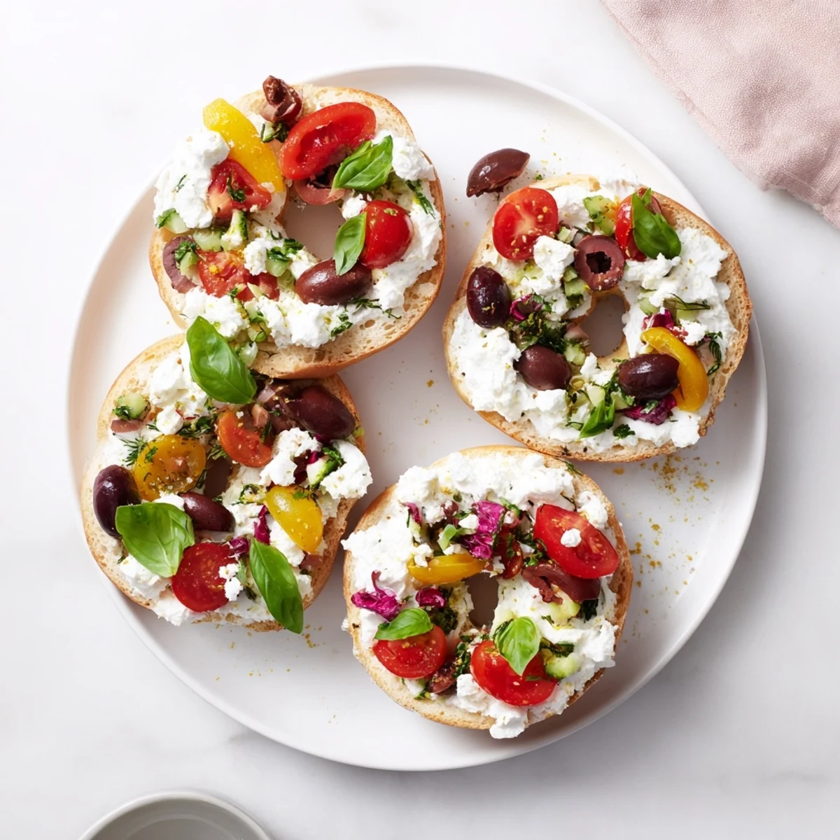 A party-ready visual: fresh-made Olympic Rings Medal Appetizer decorated with basil, ready to eat!