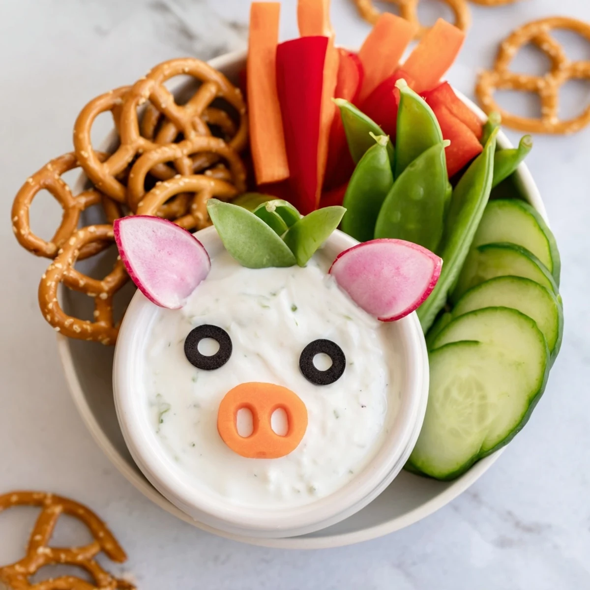 Cute piggy face dip bowl surrounded by vibrant dippers, ready for this fun appetizer.