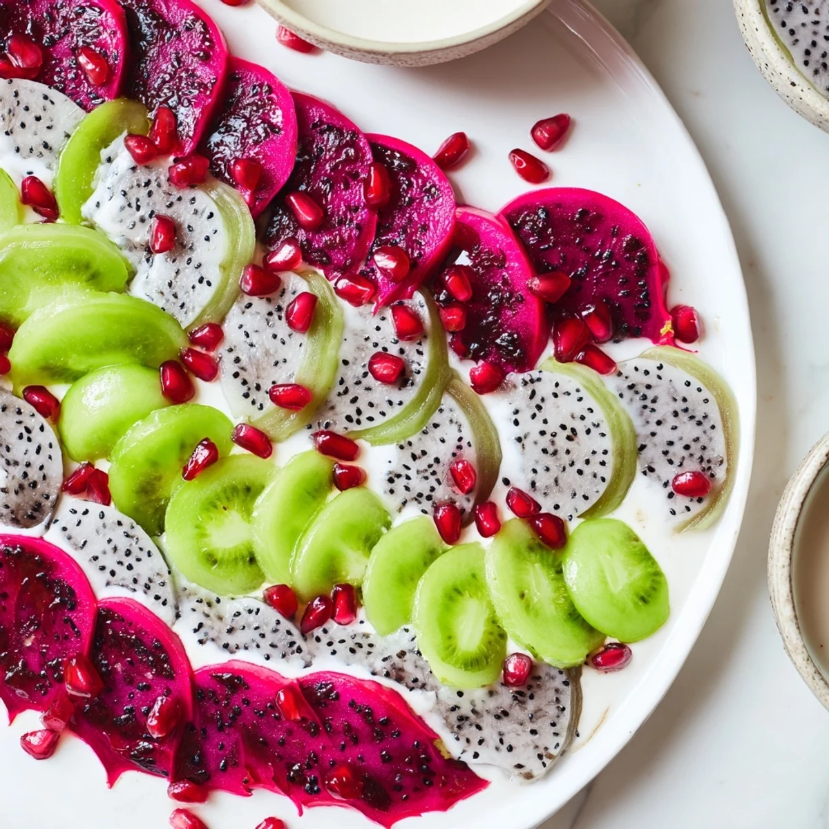 Dragon Scales Fruit Board with colorful, sliced fruits artfully arranged and ready to enjoy with dips.