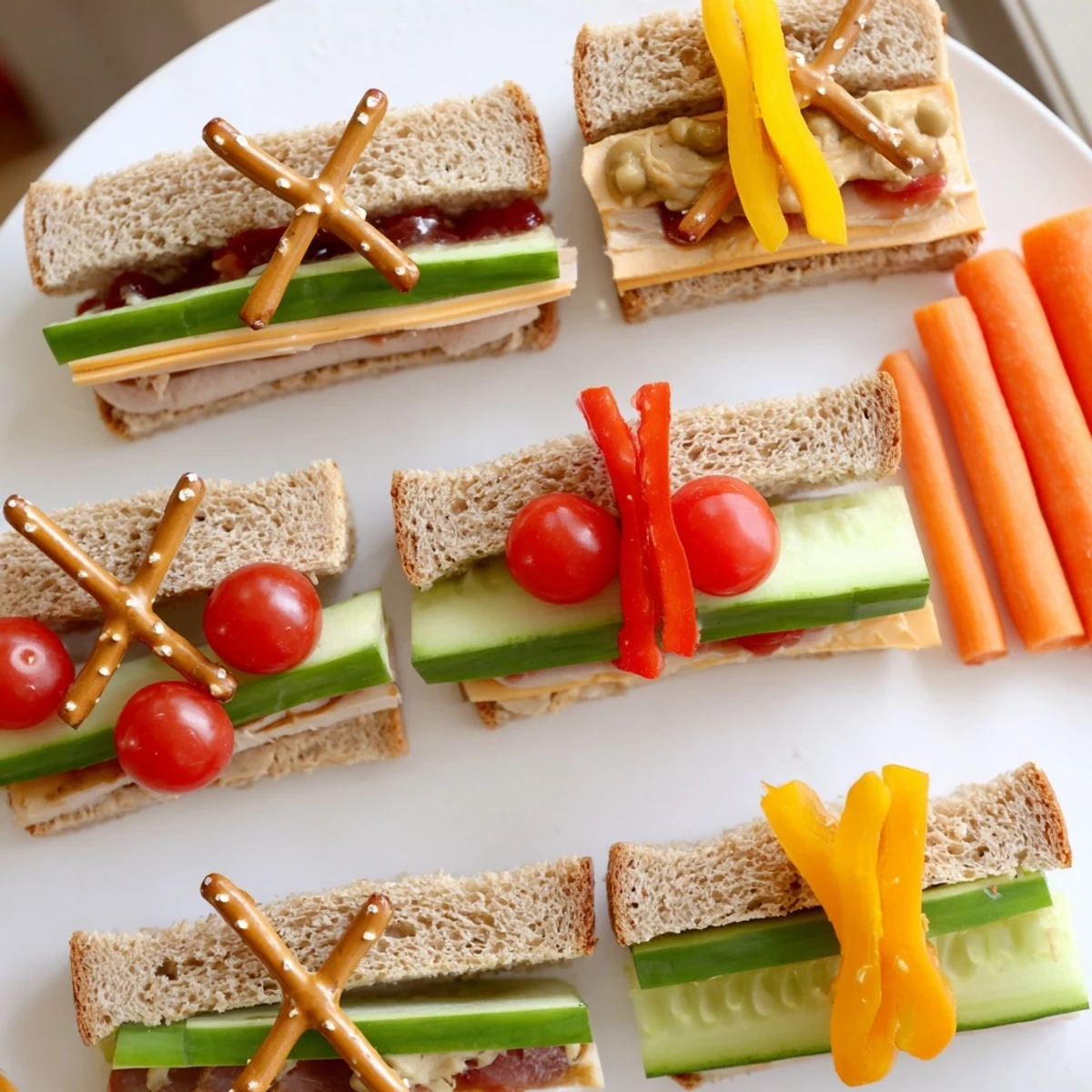 Vibrant train track sandwich board, featuring colorful sandwich “train cars” on celery tracks, ready to eat.