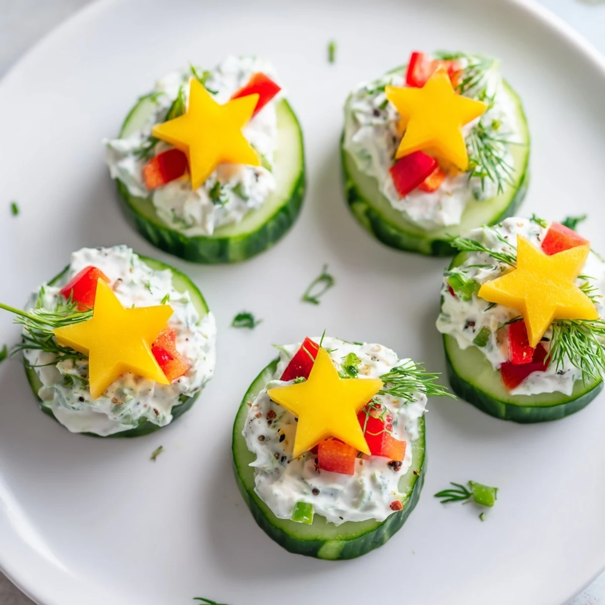 Freshly made Holiday Star Cucumber Bites: creamy, cool cucumber rounds with colorful pepper garnish.