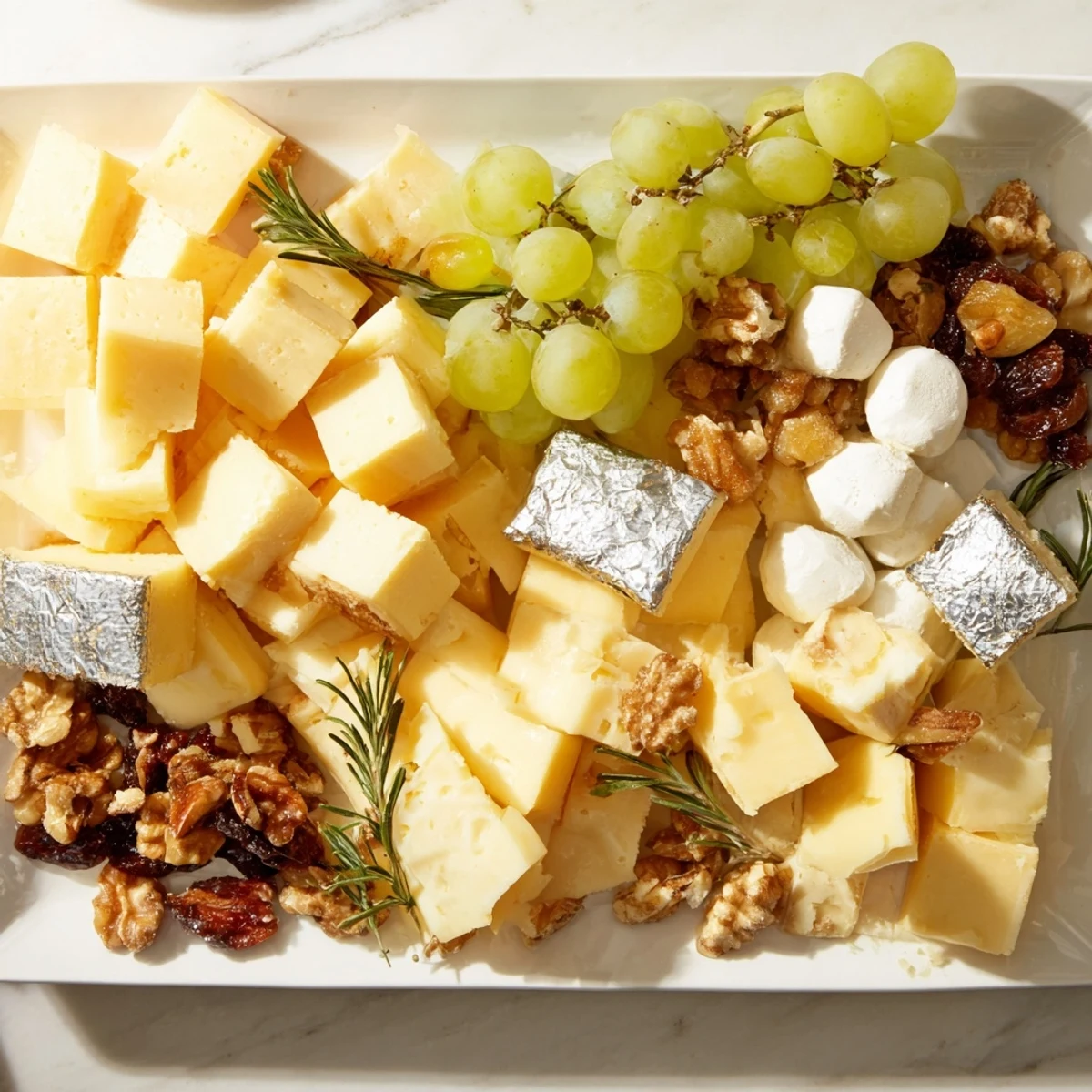 Elegant Gold and Silver Cheese Cube Board arrangement with colorful fruits and nuts, perfect for appetizers.