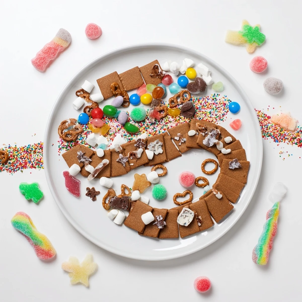 A delicious Candy Land Gingerbread Path dessert board filled with colorful treats and a whimsical path.