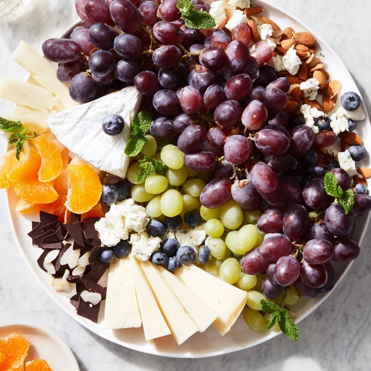 Grapes of Fortune Dessert Board: A colorful array of grapes, cheeses, and treats for a lucky New Year's treat.