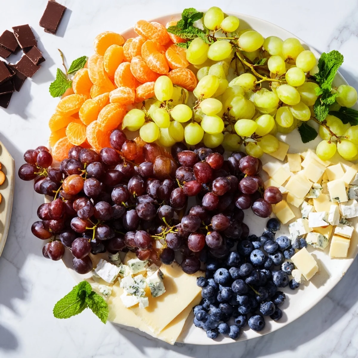 Vibrant Grapes of Fortune Dessert Board offers fresh grapes alongside cheeses and chocolate, perfect for sharing.