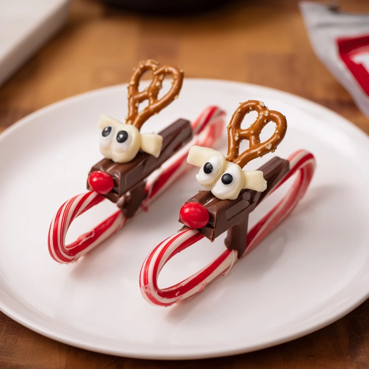 Festive Rudolph Candy Cane Sleds assembled with pretzel antlers and a red candy nose are ready to enjoy.