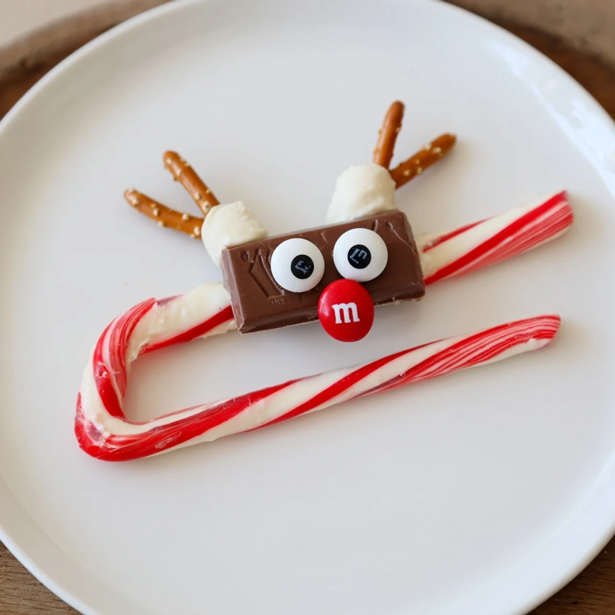 Sweet, no-bake Rudolph Candy Cane Sleds with candy cane runners and chocolate faces, perfect for gifting.