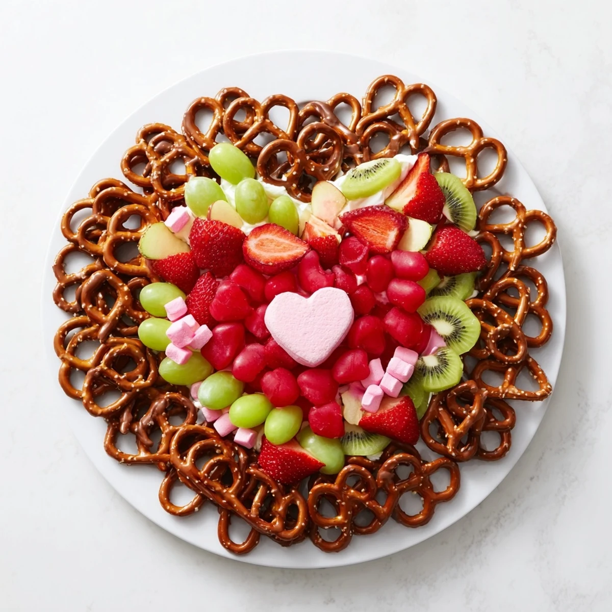 The Grinch's Heart Pretzel Board bursting with colorful, sweet and salty party snacks, perfect for sharing.