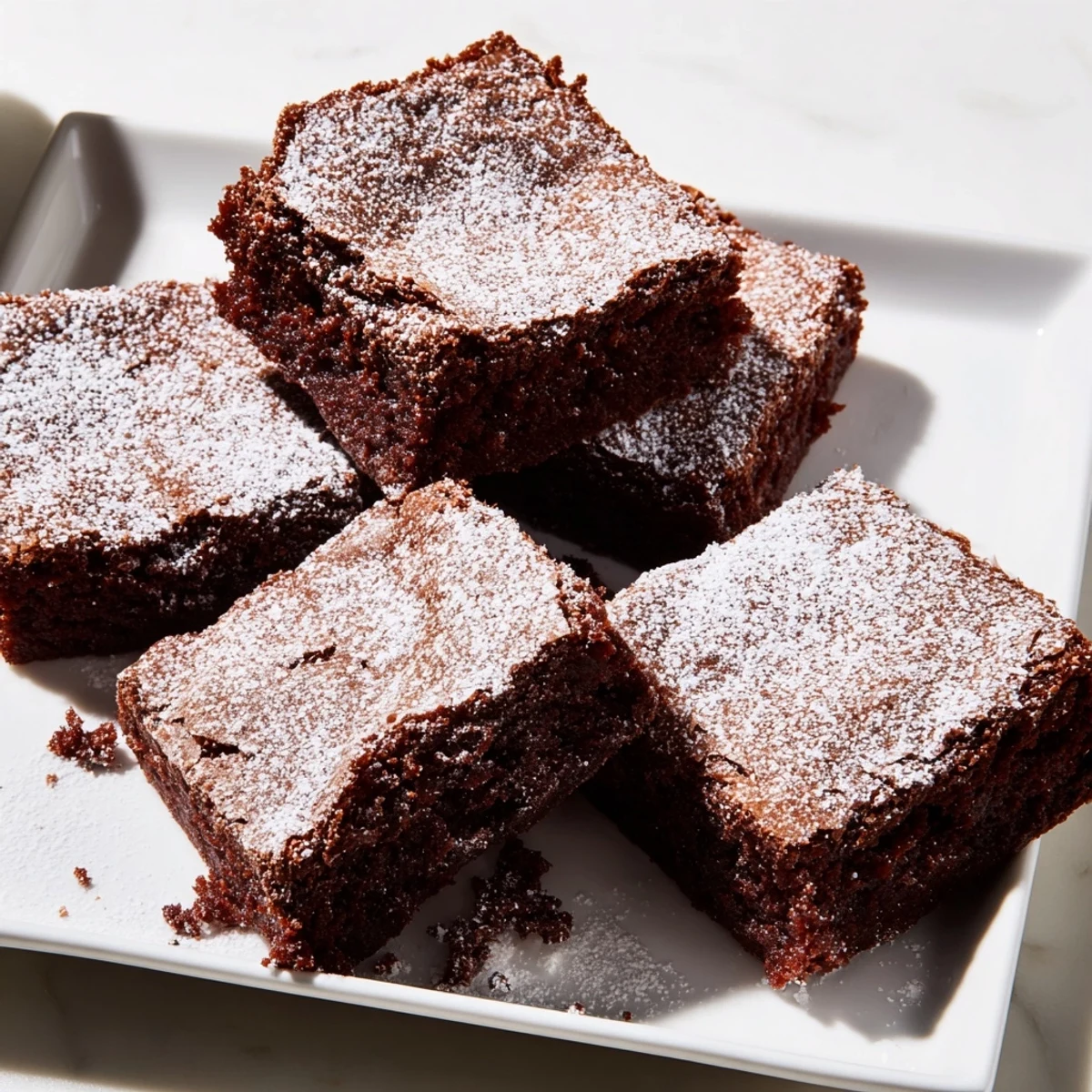 Warm, gooey brownie squares with a light powdered sugar veil, perfect dessert for a gathering.
