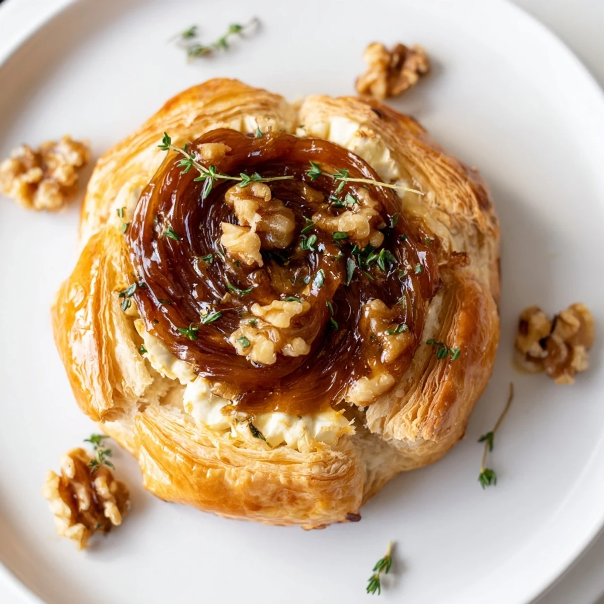 Close-up of melty Baked Brie with fig jam, wrapped in flaky pastry crust, ready to serve.