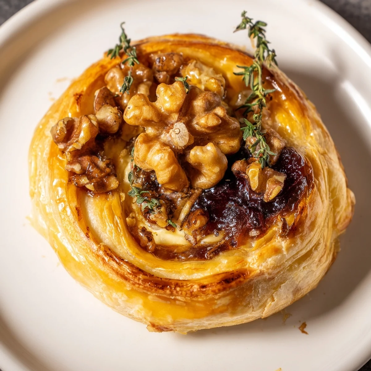 Warm, gooey Baked Brie with fig jam, a simple appetizer served with crusty bread.