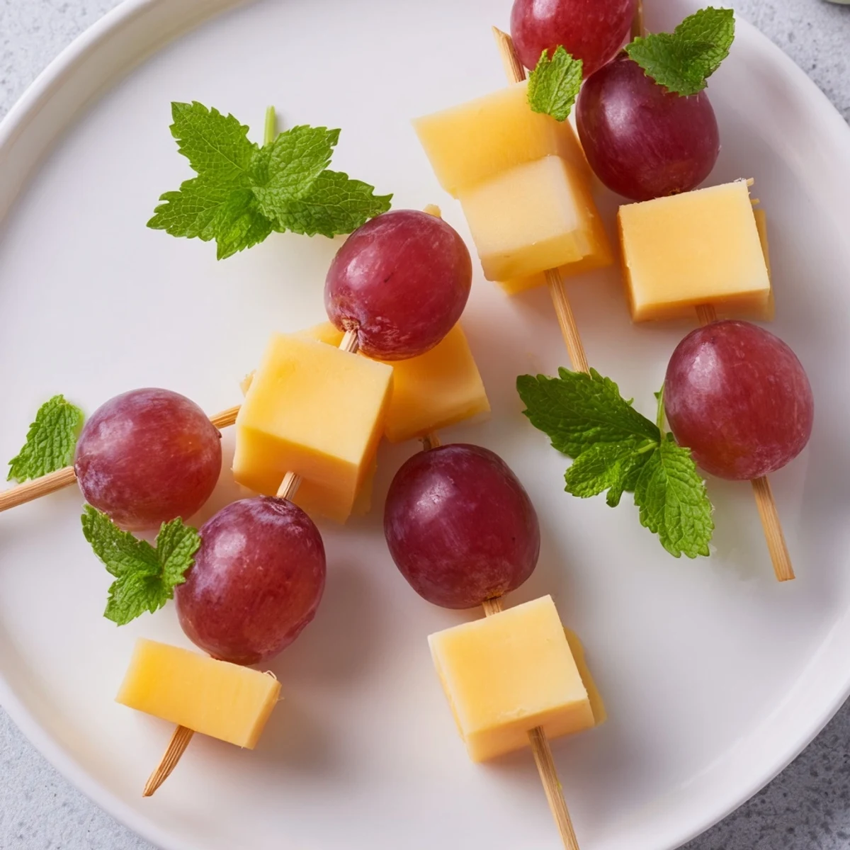 Cheese & Grape Skewers ready to be enjoyed; cheddar, gouda, and plump grapes are lovely!