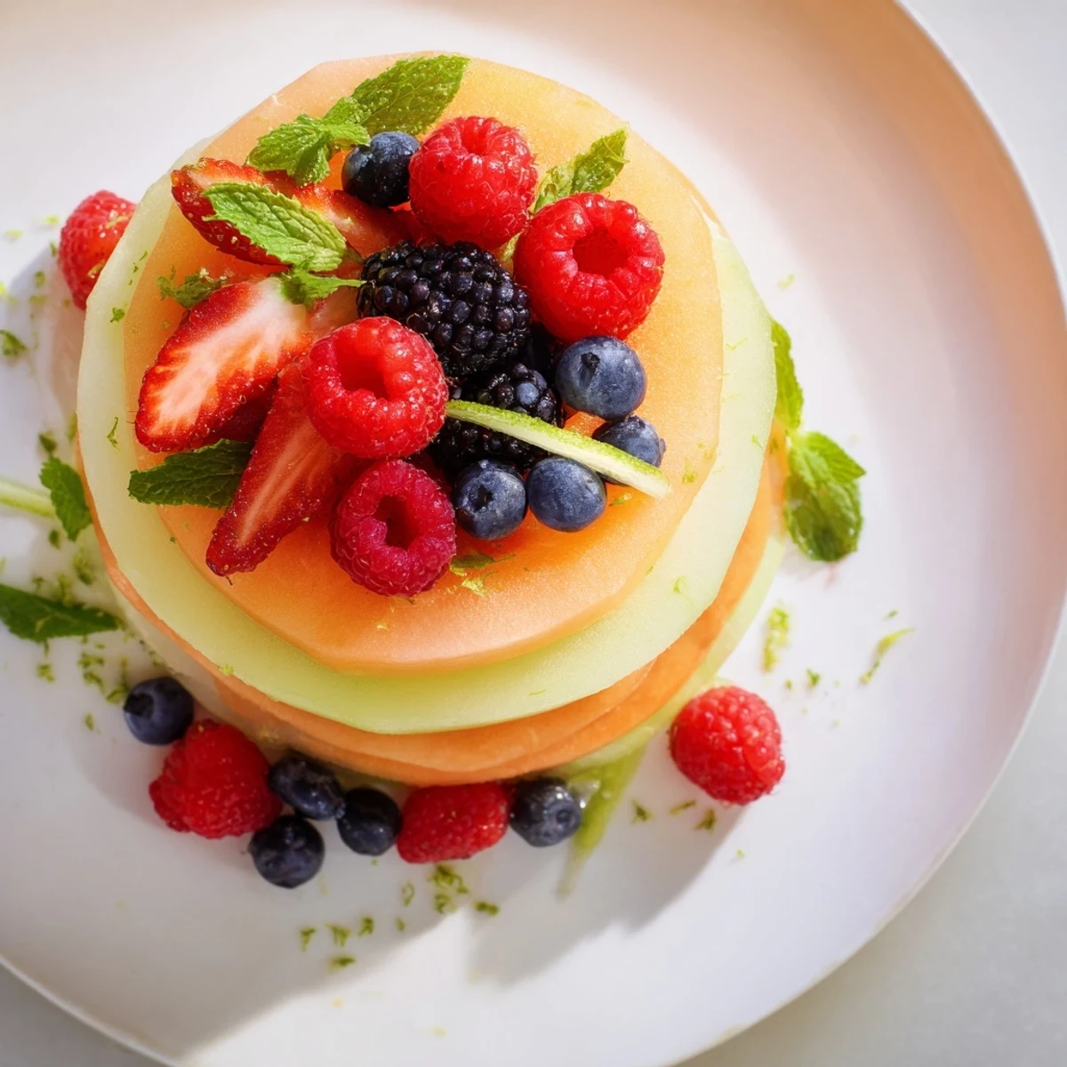 Beautiful fruit platter features juicy watermelon, cantaloupe, and berries artfully arranged on a platter.