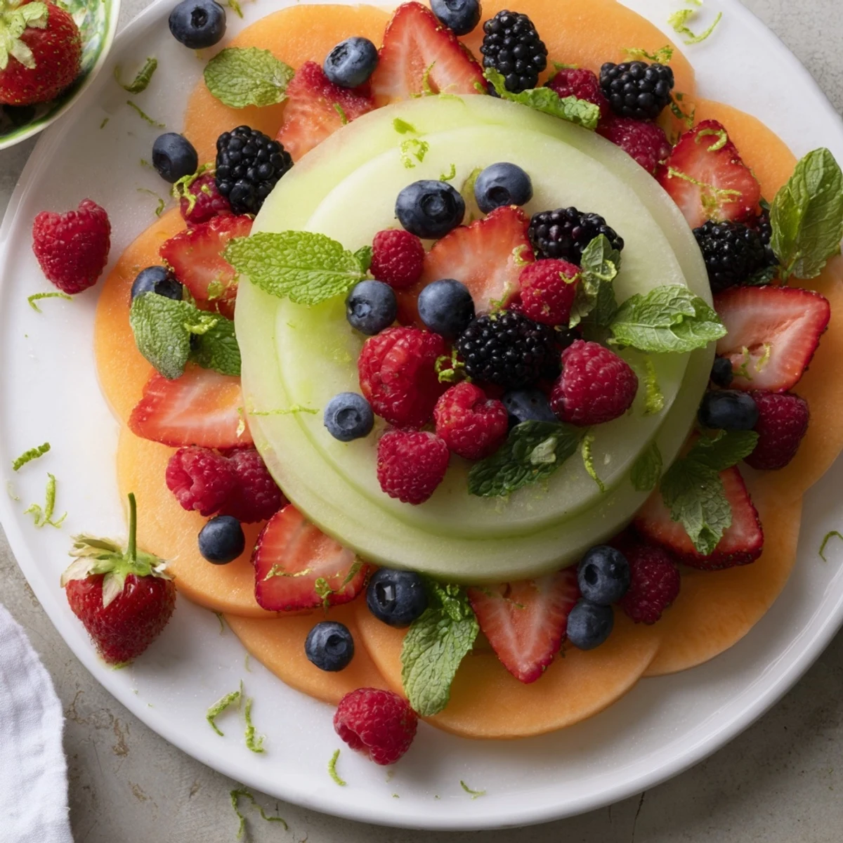 Vibrant fruit platter: concentric circles of melon and berries, perfect for a refreshing summer appetizer.