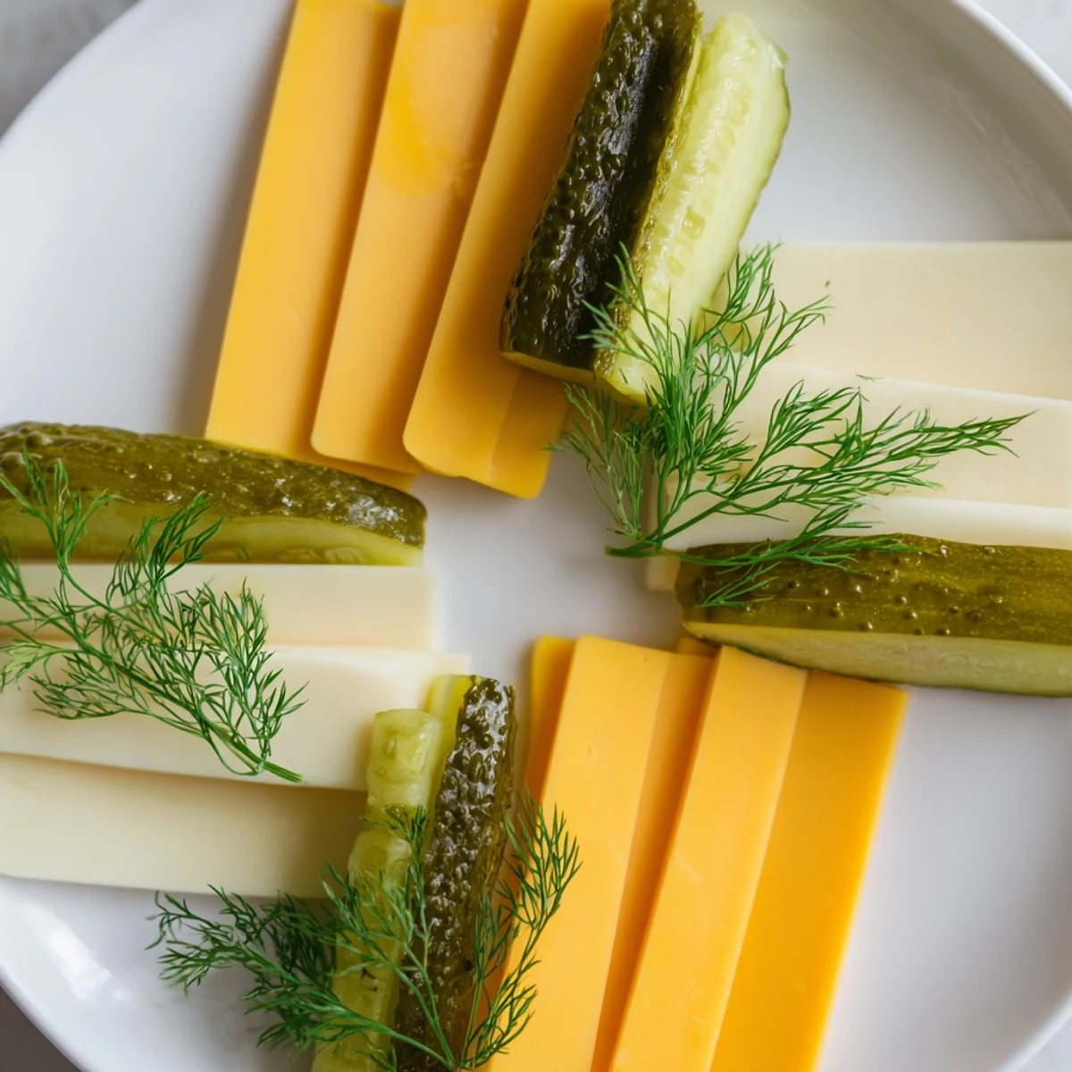 See a close-up of the delicious Dill Pickles and Sliced Cheese appetizer platter, perfect for any gathering.