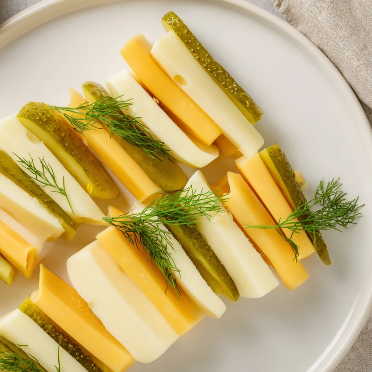 Dill Pickles and Sliced Cheese appetizer arranged with wedges of cheddar, Swiss, and gouda cheeses.