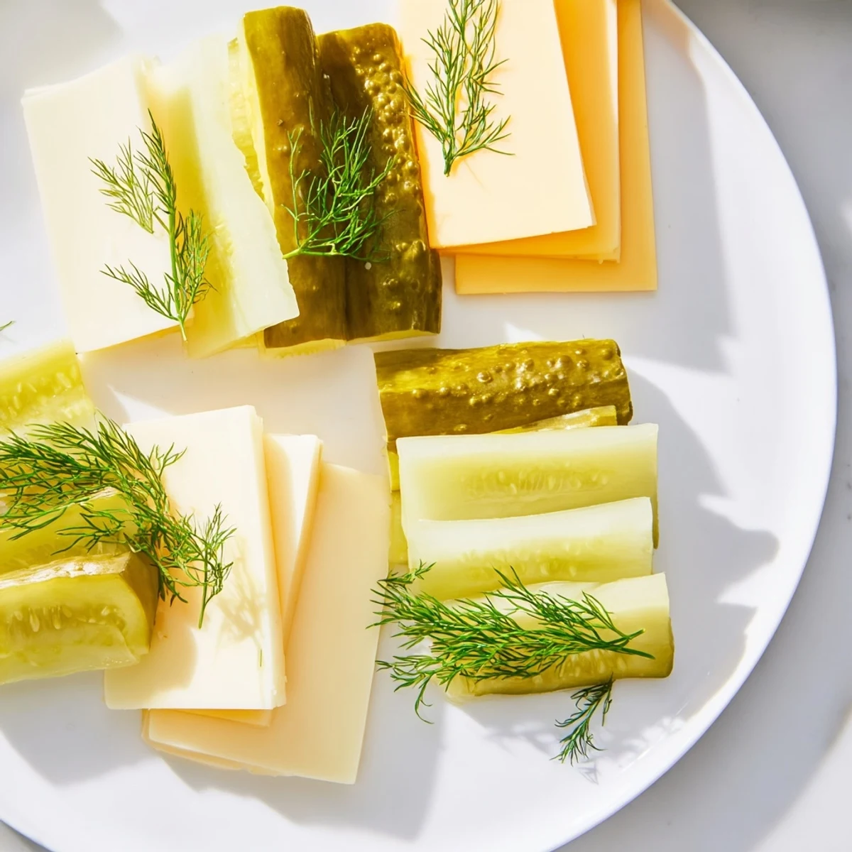 Fresh dill sprigs garnish the vibrant Dill Pickles and Sliced Cheese, a quick and tasty snack.