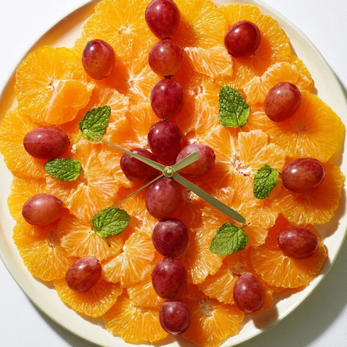 Vibrant Grape and Orange Slice Clock Face with juicy segments and glossy grapes, perfect for brunch.