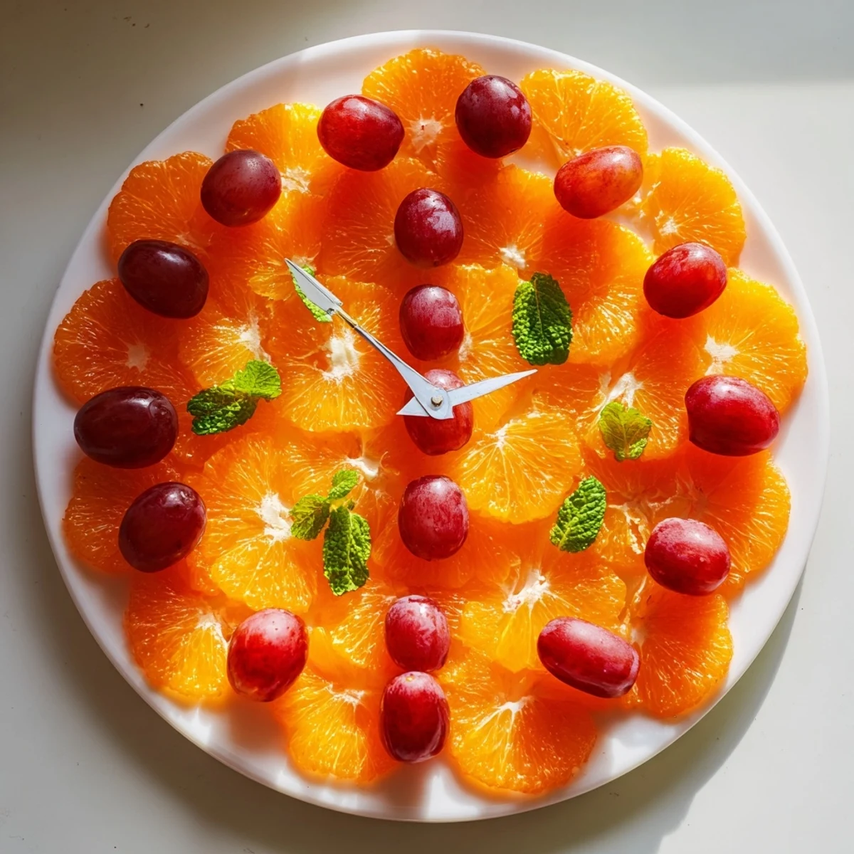 A colorful brunch platter of a Grape and Orange Slice Clock Face for kids, decorated with fresh mint.