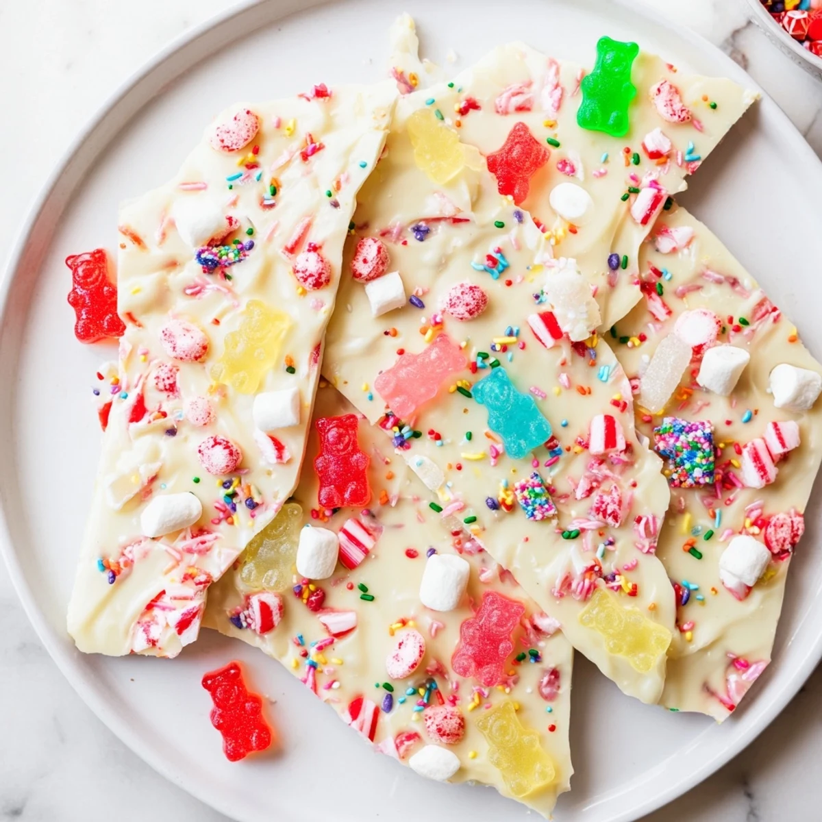 Sweet, vibrant image: Gummy Bears and Candy Canes scattered over white chocolate, ready to be enjoyed!