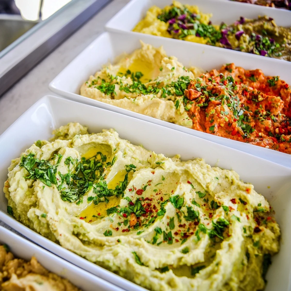 Vibrant trio of dips: creamy avocado, flavorful red pepper, and golden turmeric hummus.