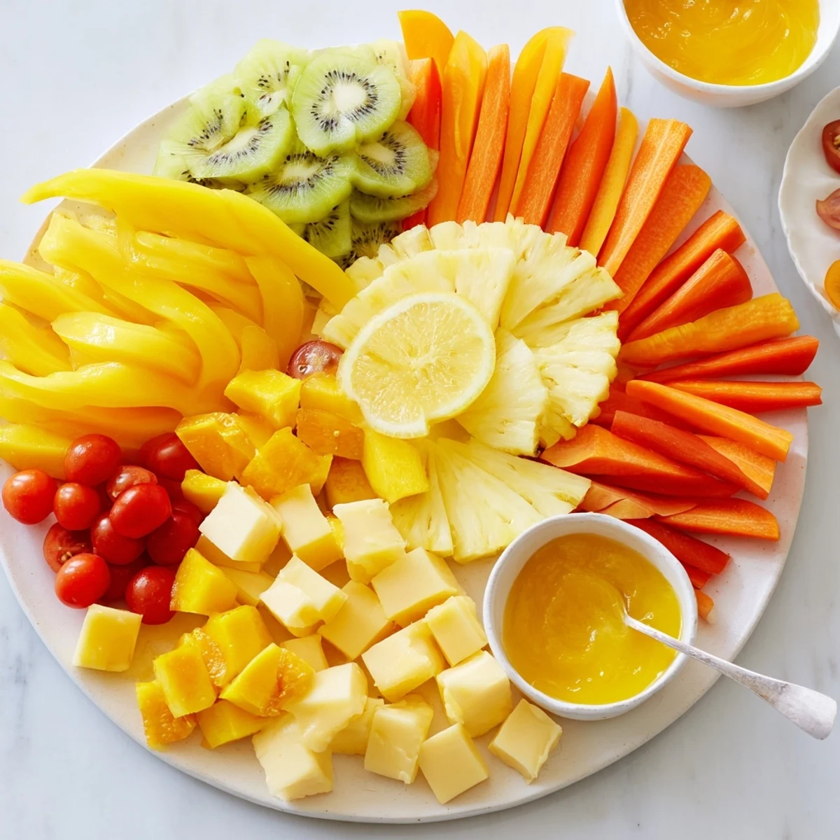 A summery display featuring the Sunny Yellow Citrus Burst, with sunny yellow cheese cubes and lemon slices.