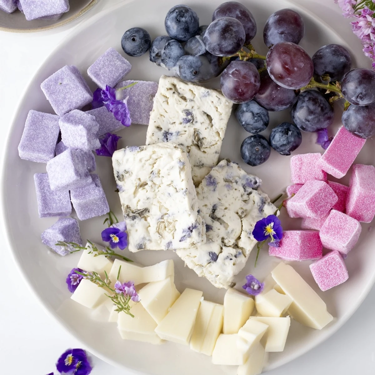 A Lavender Haze Dreamscape cheese board, perfect for a gathering, offers creamy cheeses and jewel-toned fruits.