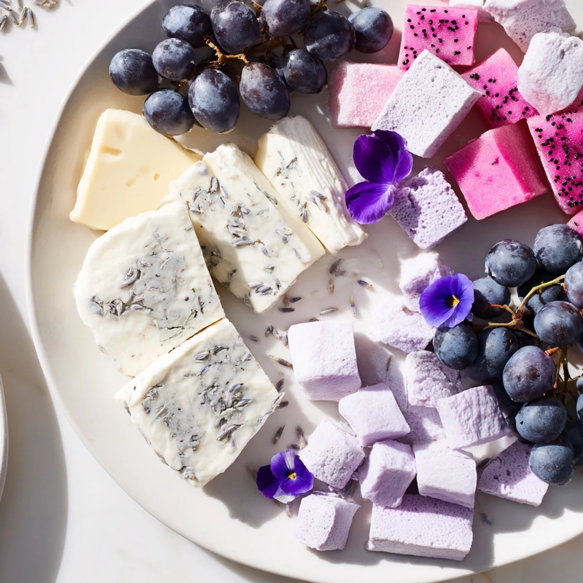 Visualize this stunning Lavender Haze Dreamscape cheese board with a dreamy display of pastel components for sharing.